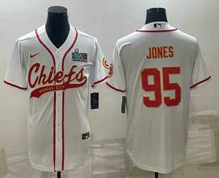 Mens Kansas City Chiefs #95 Chris Jones White With Super Bowl LVII Patch Cool Base Stitched Baseball Jersey